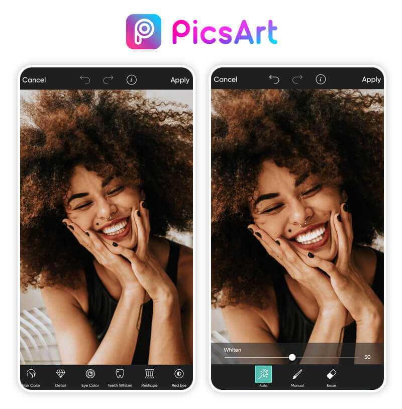 Picsart: Teeth Whiten с автоматическим и ручным режимами ретуши