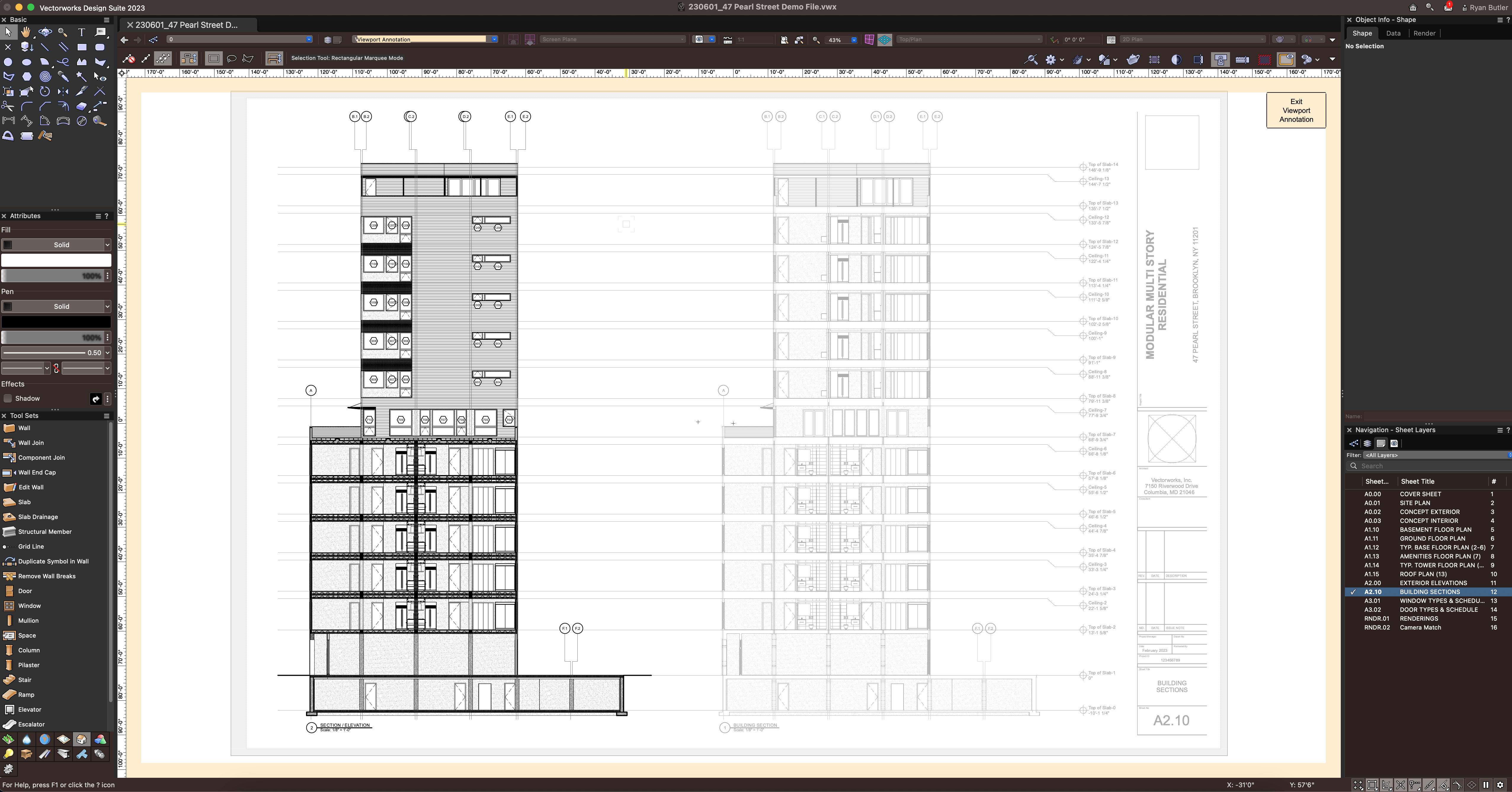 Интерфейс Vectorworks Architect с листом фасадов и разрезов
