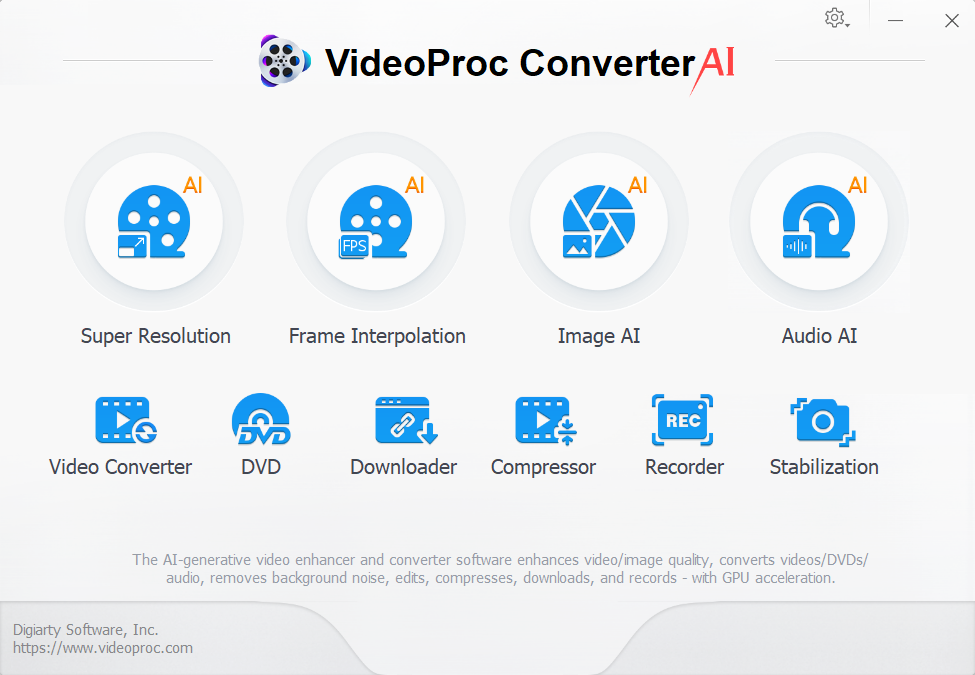 Главное окно VideoProc Converter AI с модулями обработки видео, DVD, загрузки и записи
