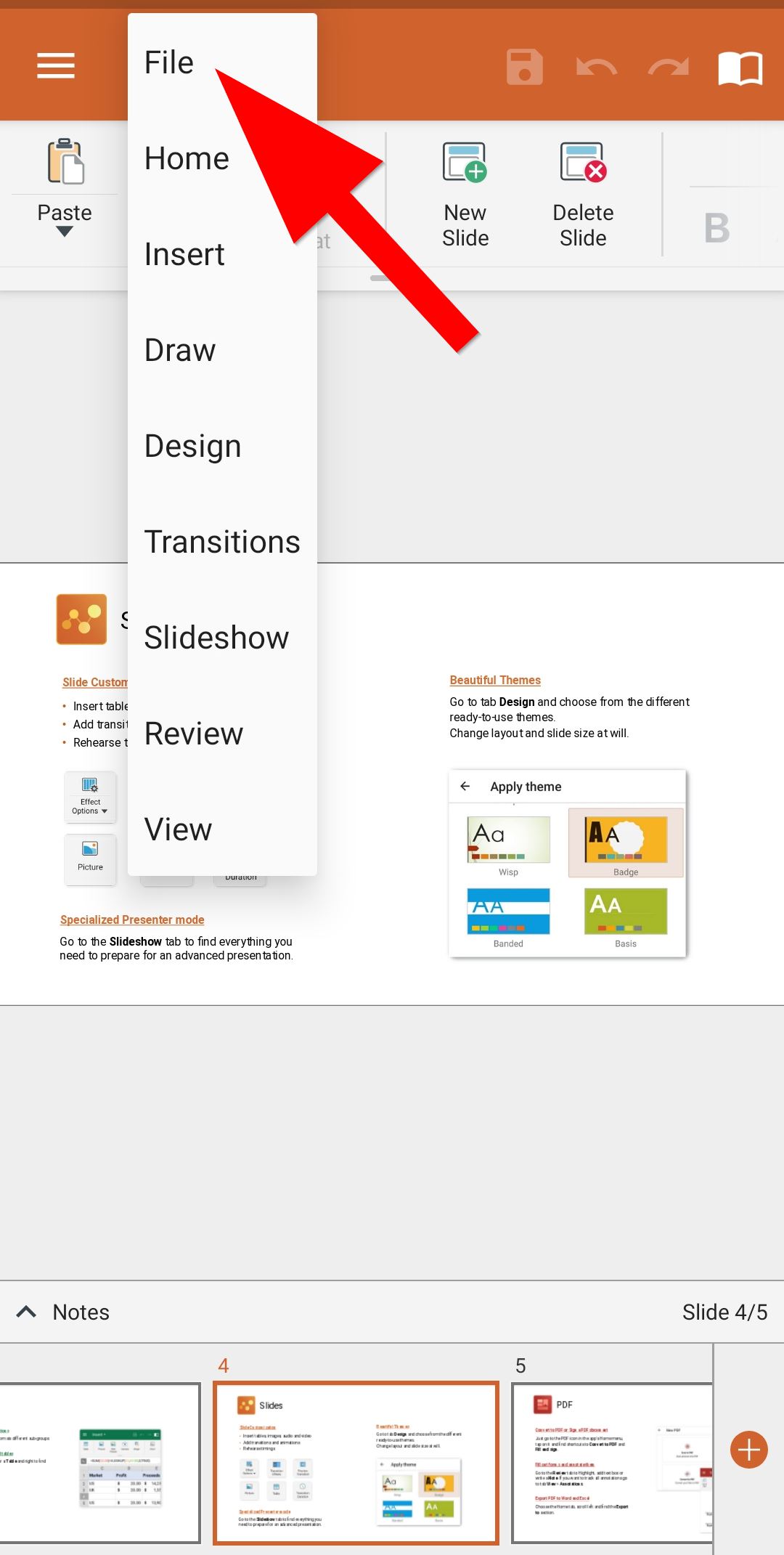 MobiSlides на Android: меню File перед экспортом в PDF