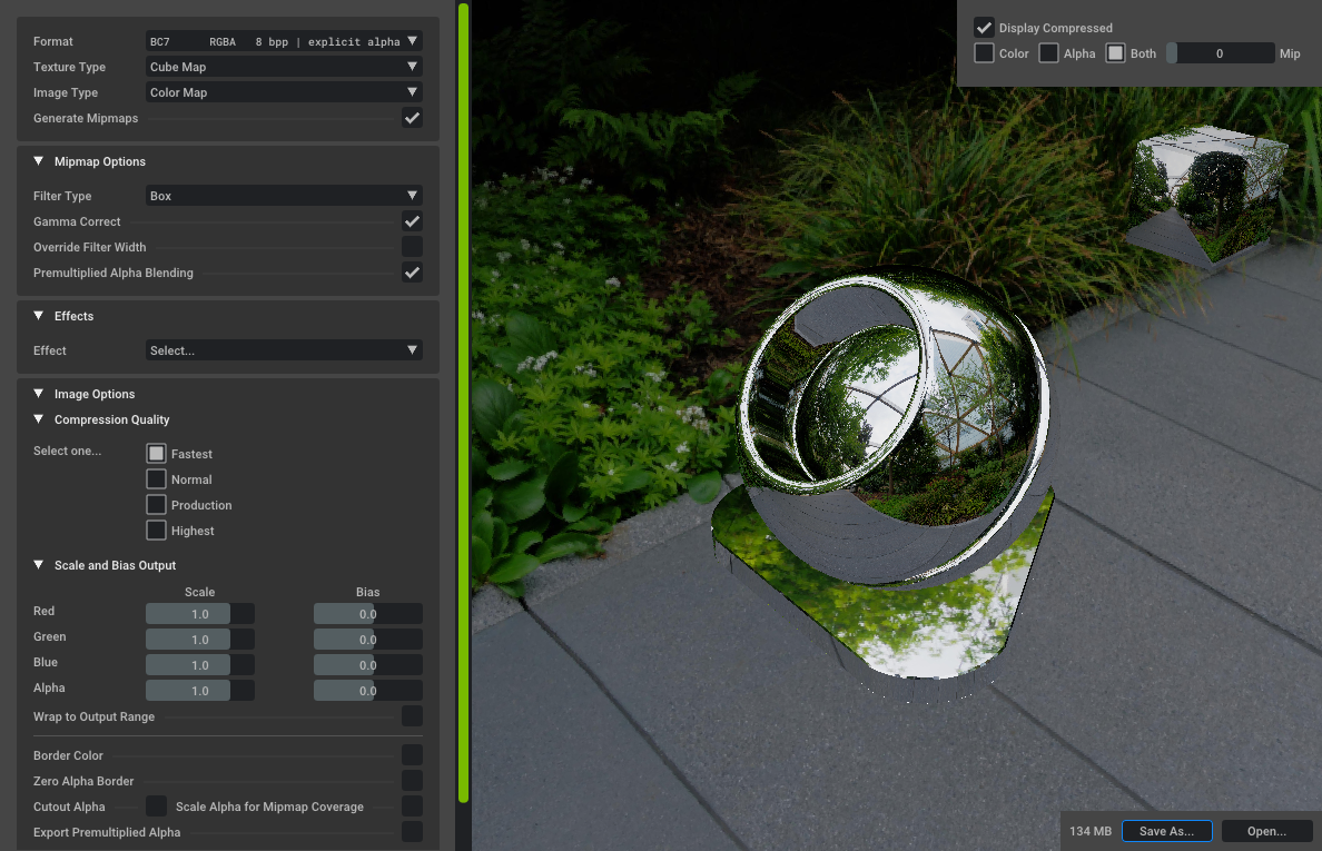Полное окно NVIDIA Texture Tools Exporter с параметрами формата и mipmap