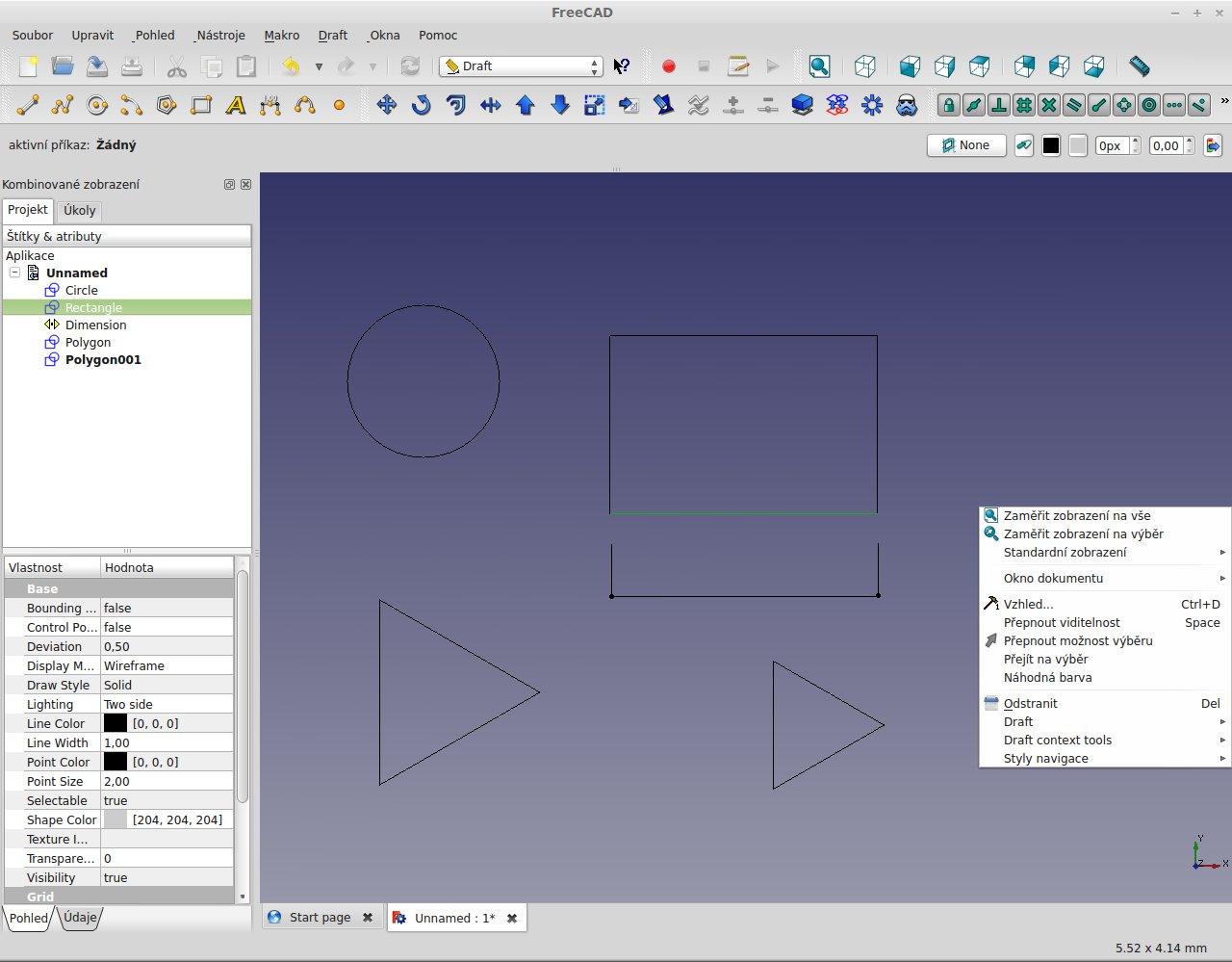 Интерфейс FreeCAD Draft Workbench в Linux с 2D-геометрией и инструментами черчения