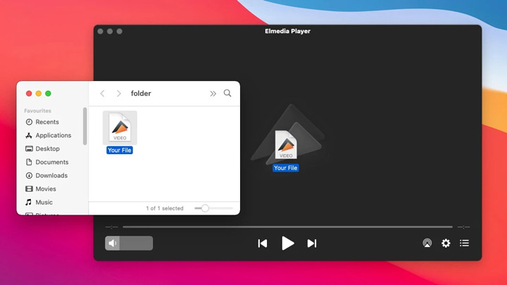 Интерфейс Elmedia Player на macOS при открытии локального SWF-файла