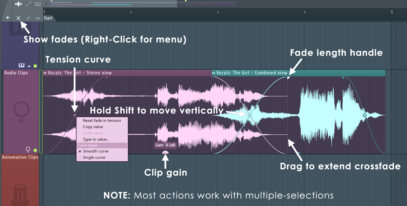 Интерфейс FL Studio с Fade Length Handle и Tension curve на аудиоклипах