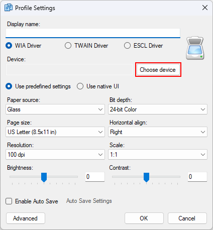 Окно Profile Settings в NAPS2 с выбором WIA Driver, TWAIN Driver, ESCL Driver и параметрами страницы