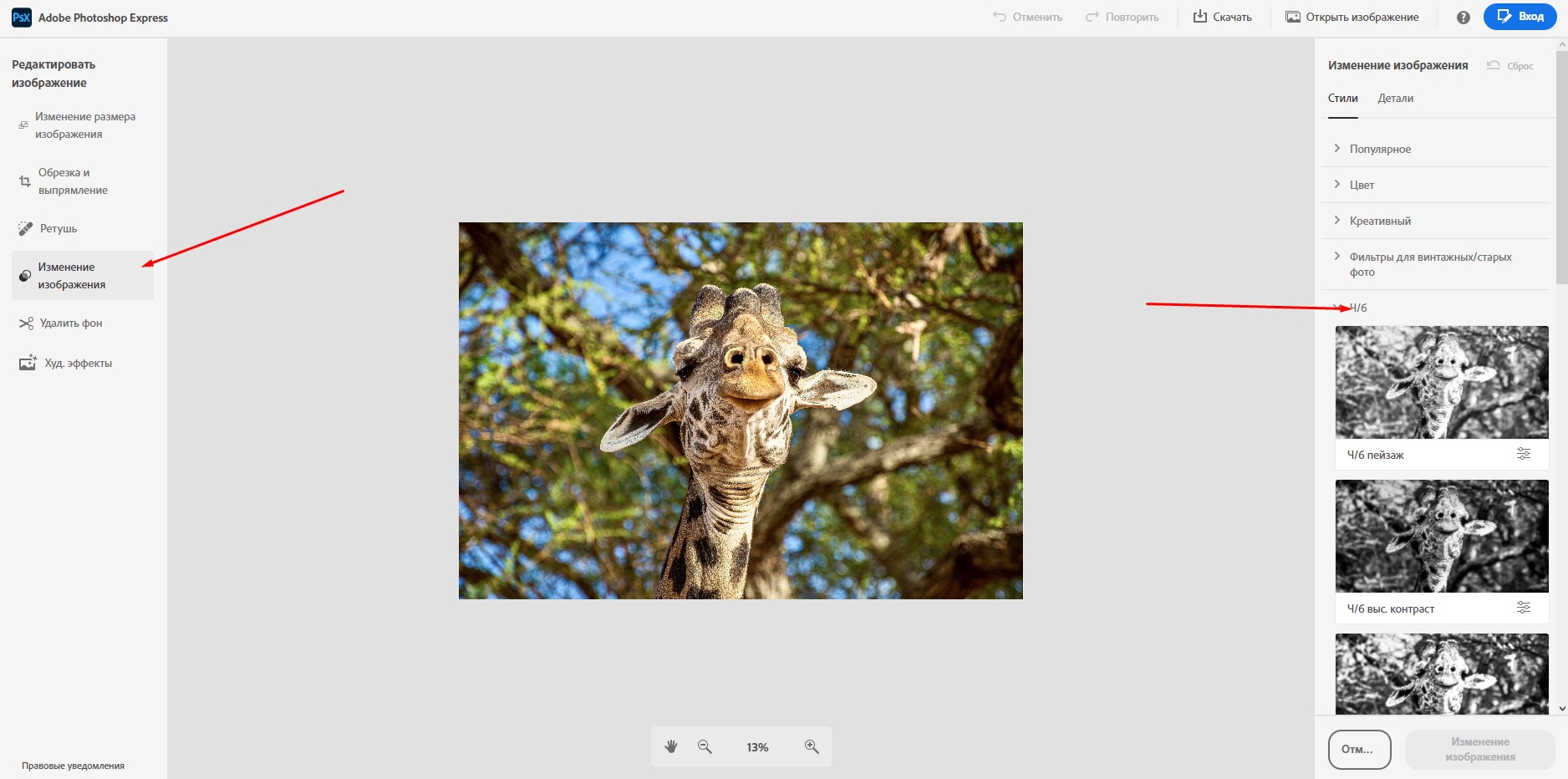 Интерфейс Adobe Photoshop Express с фотографией