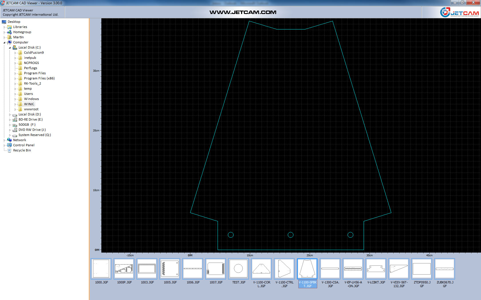 Интерфейс JETCAM CAD Viewer с 2D-чертежом и лентой миниатюр