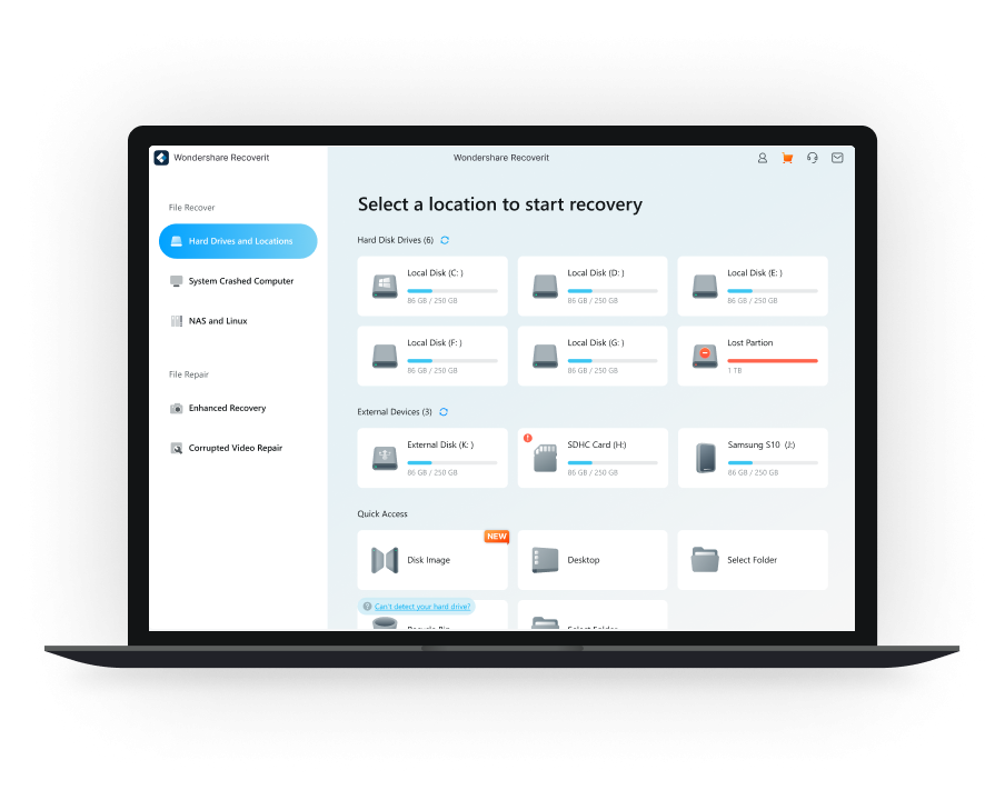 Выбор накопителя в Wondershare Recoverit