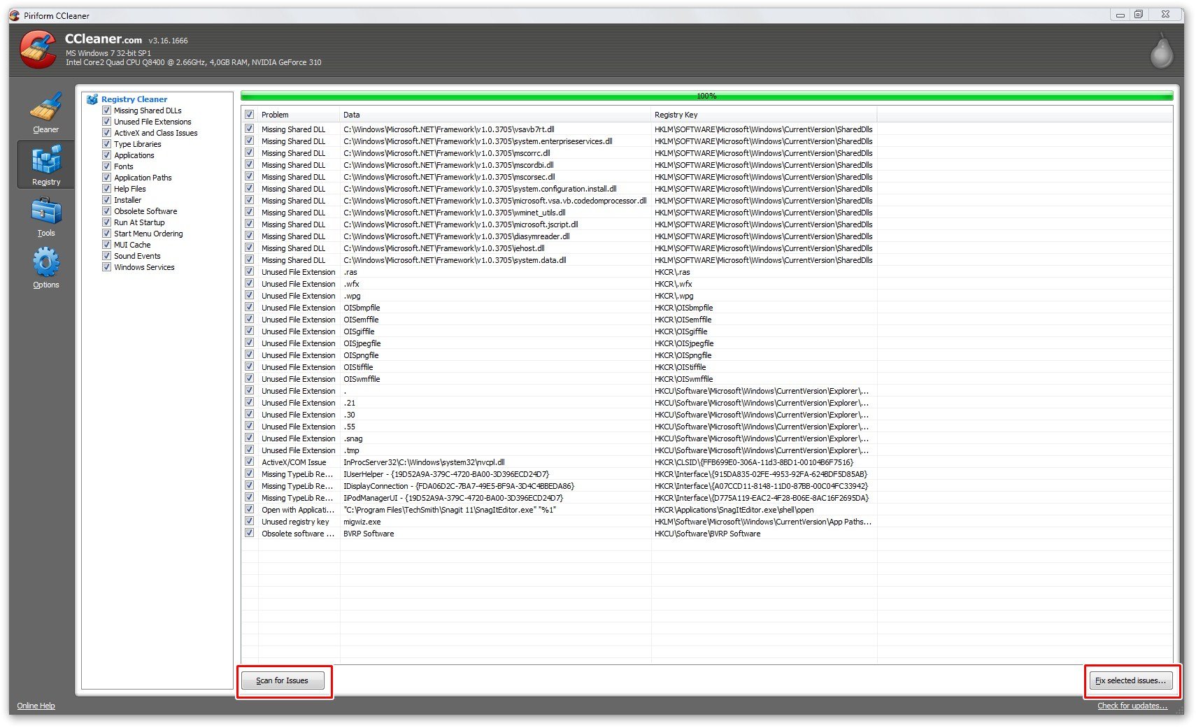 Окно Registry Cleaner в CCleaner на Windows 7 со списком найденных записей
