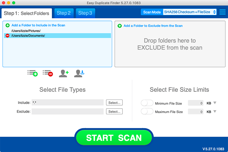 Окно Easy Duplicate Finder с выбором папок и режима сканирования