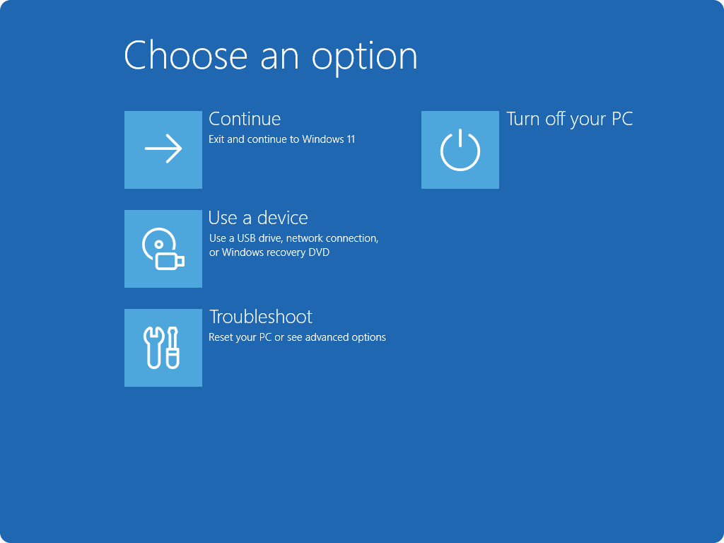 Экран Choose an option среды восстановления Windows