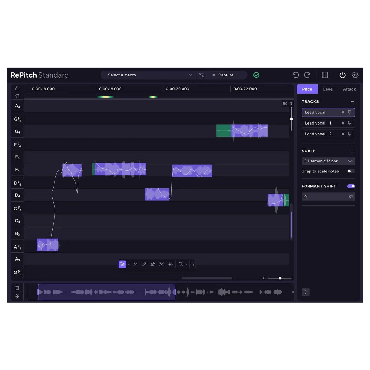 Интерфейс Synchro Arts RePitch 2 с нотной сеткой и кривой высоты