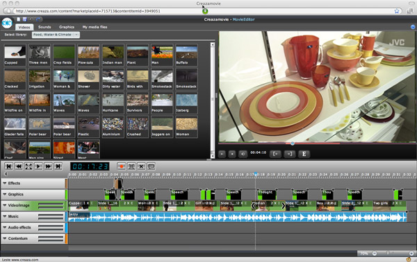Интерфейс Creaza MovieEditor с медиатекой и многодорожечным таймлайном