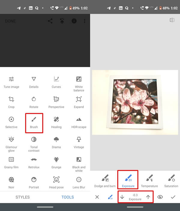 Snapseed: Brush с режимом Exposure для локального изменения яркости