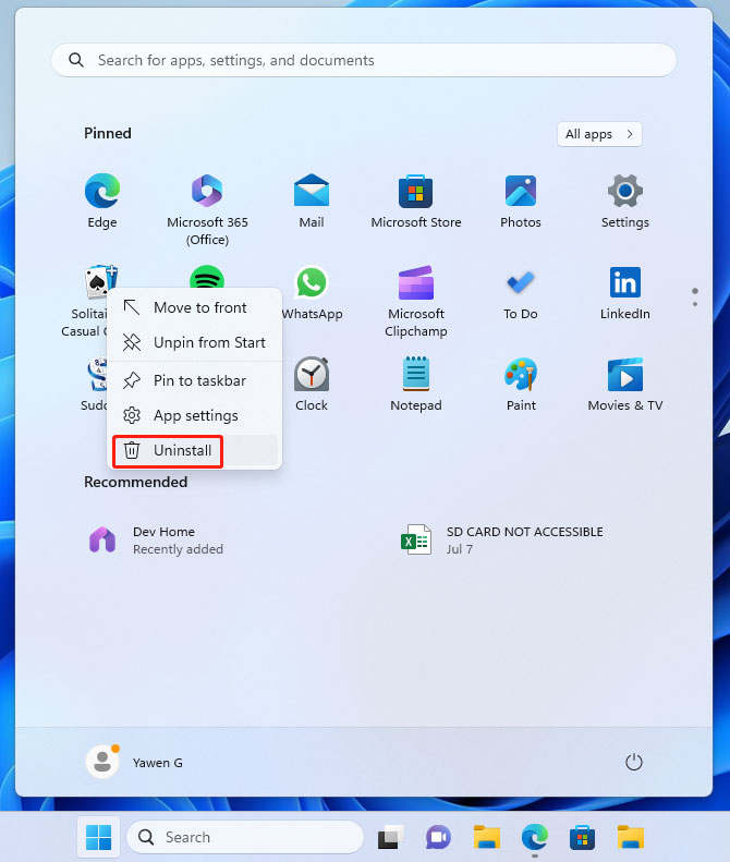 Пункт Uninstall в контекстном меню закреплённого приложения Windows 11