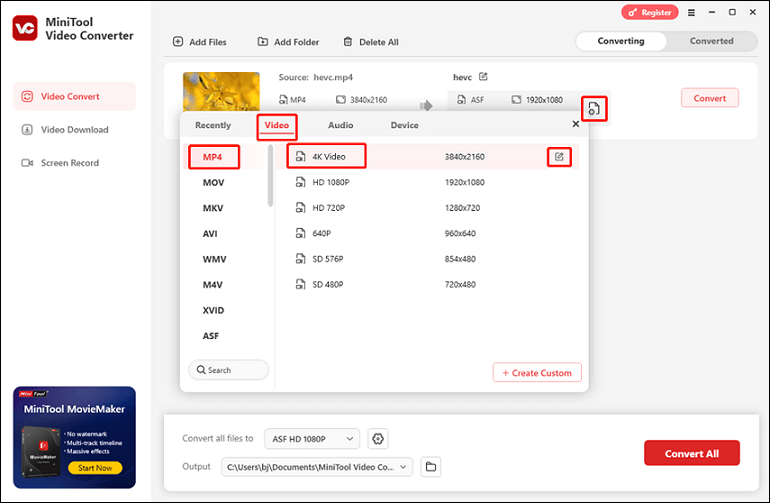 Выбор MP4 в MiniTool Video Converter