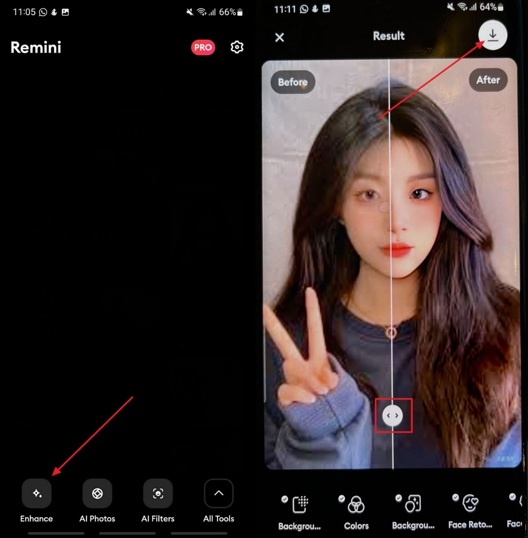 Remini: интерфейс Enhance с просмотром Before и After