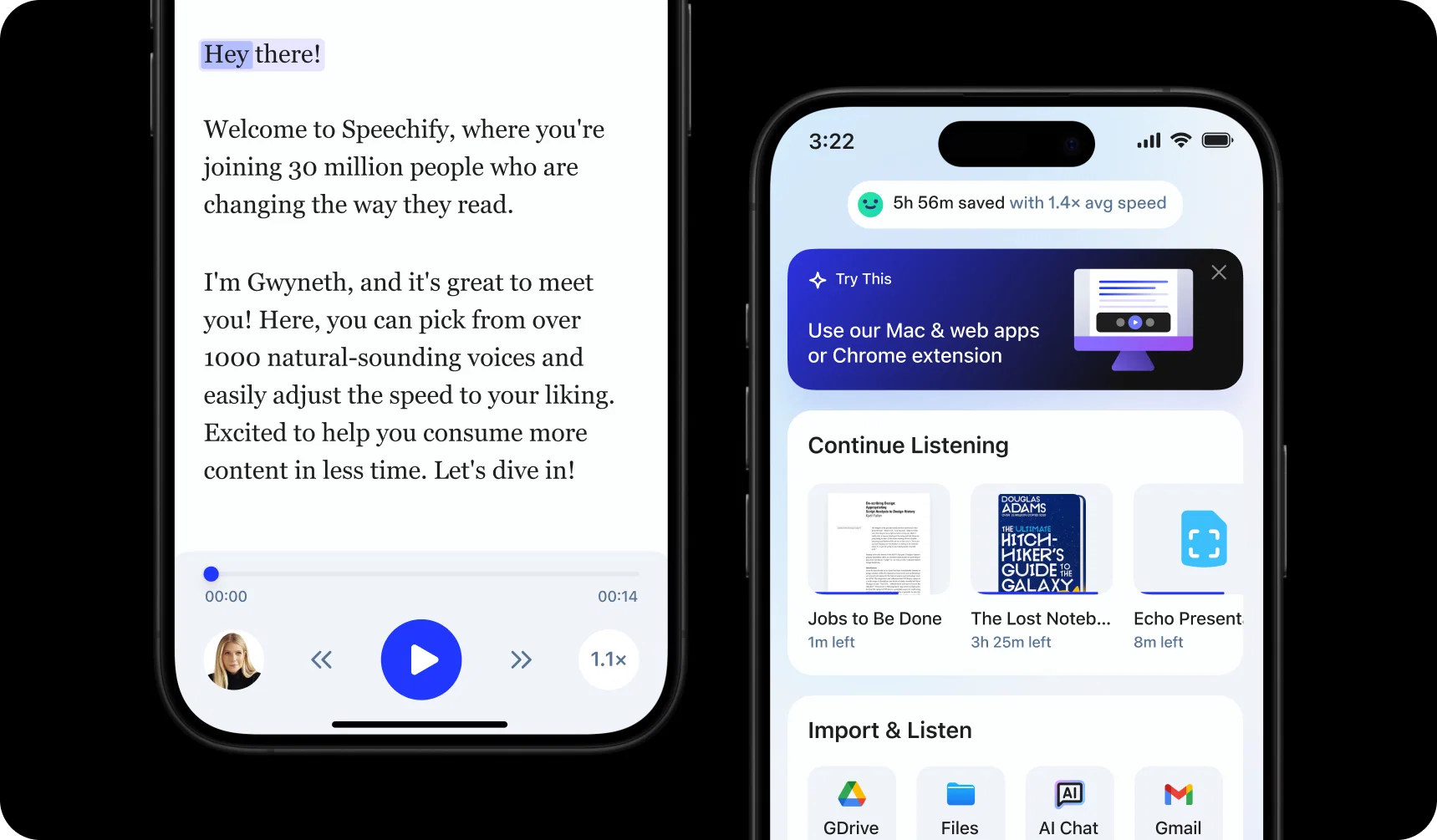 Интерфейс Speechify на iPhone с импортом документов и экраном озвучивания PDF