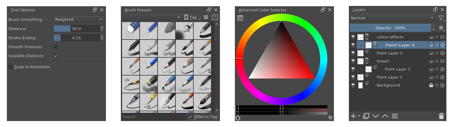 Докеры Tool Options, Brush Presets, Advanced Color Selector и Layers в Krita