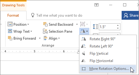 Меню поворота и дополнительных параметров изображения в Microsoft Word