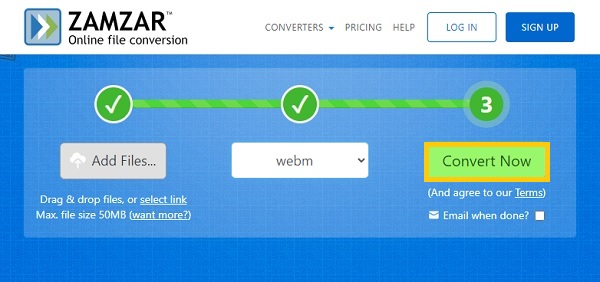 Кнопка Convert Now в Zamzar