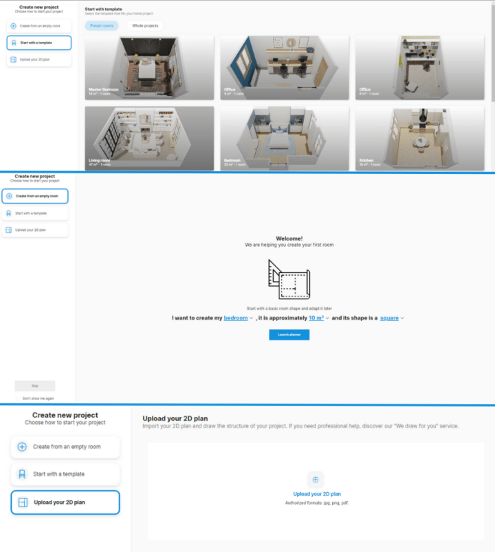 Старт проекта в HomeByMe: пустая комната, шаблон и загрузка 2D-плана