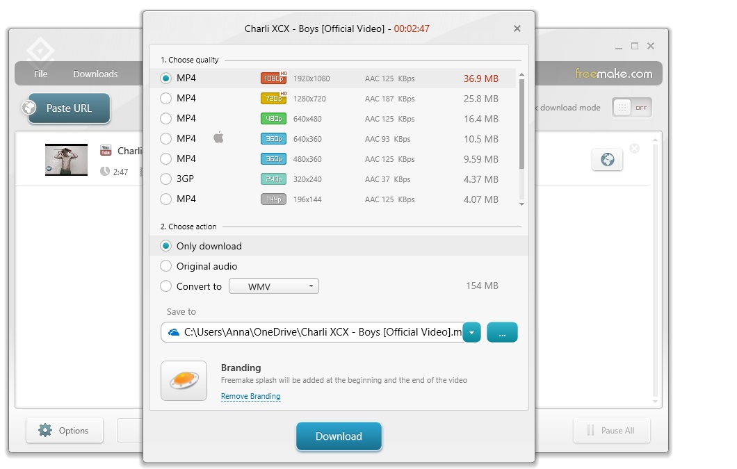 Выбор качества, действия, папки и кнопка Download в Freemake Video Downloader