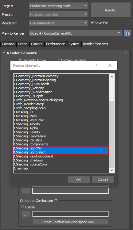 Добавление CShading_LightMix и CShading_LightSelect в Render Elements Corona
