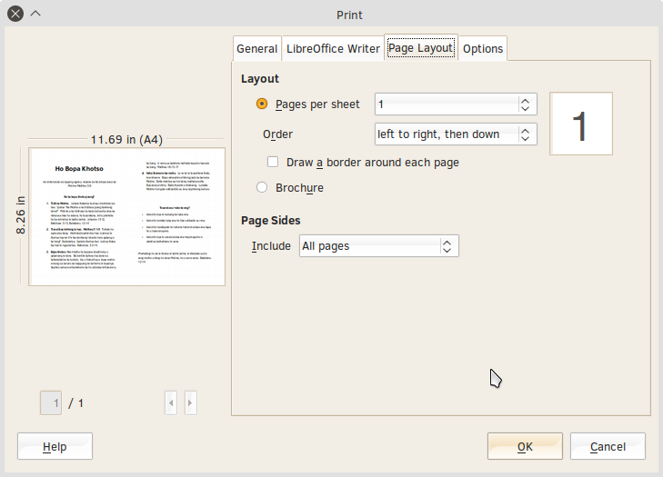LibreOffice Writer: вкладка Page Layout окна печати и параметр Pages per sheet