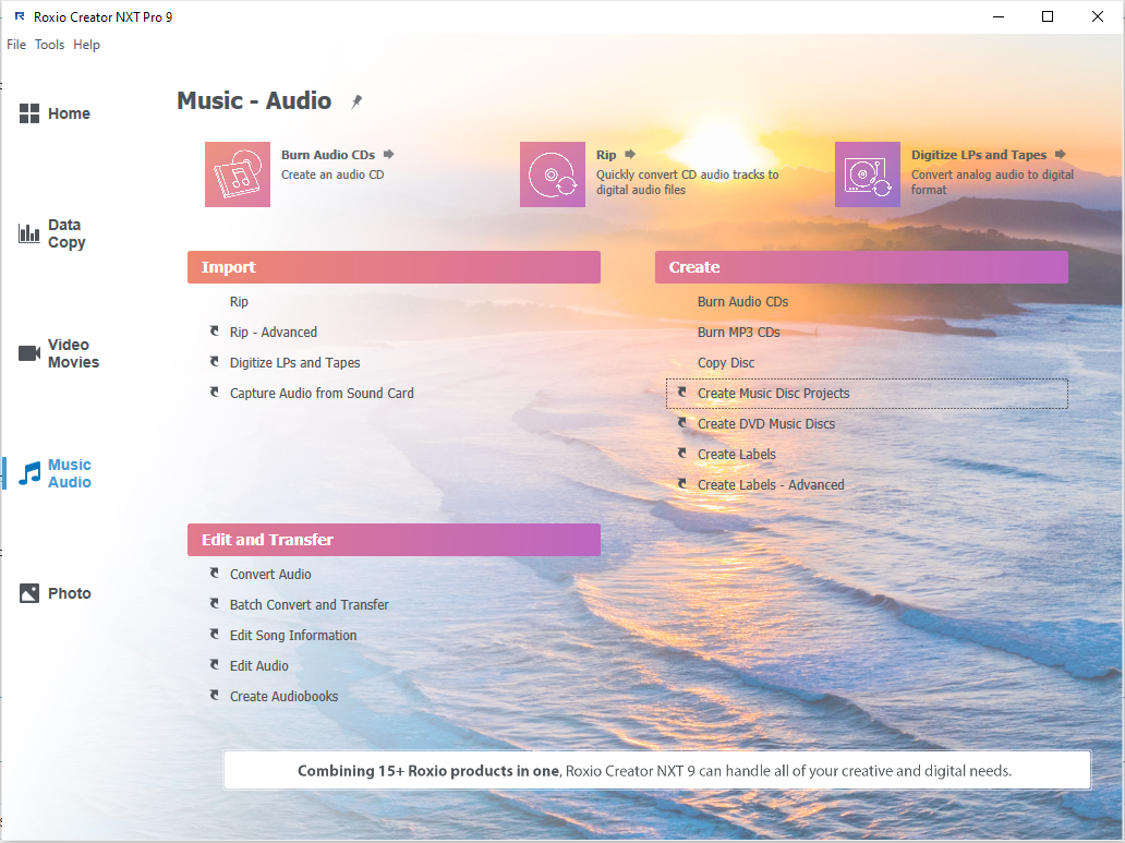 Раздел Music Audio в Roxio Creator NXT Pro 9