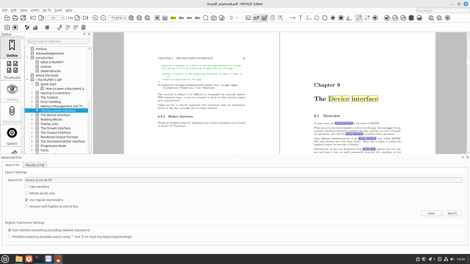 PDF4QT Editor в Linux с открытым PDF и панелями редактора