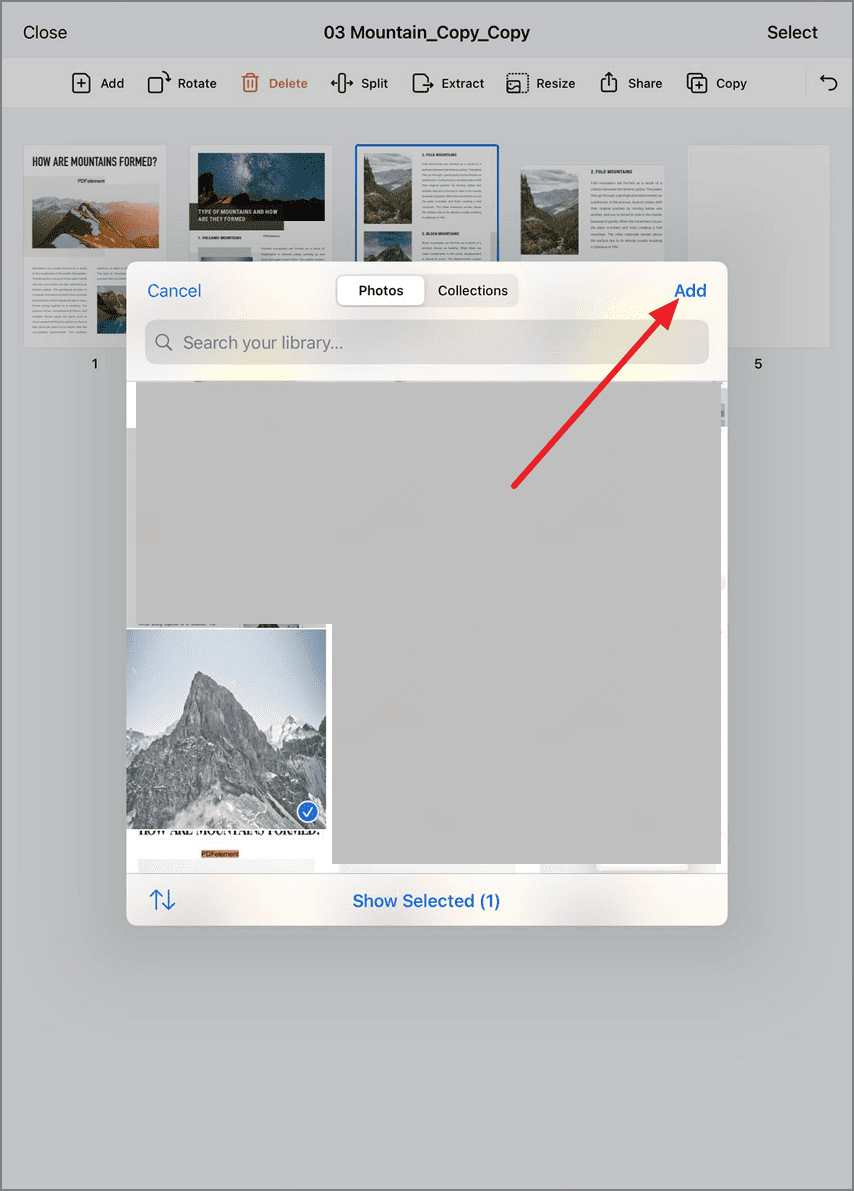 Добавление страницы из Photos в PDFelement для iOS