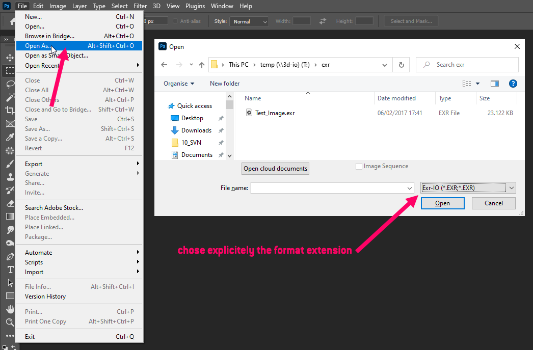 Photoshop Open As с явным выбором Exr-IO для EXR
