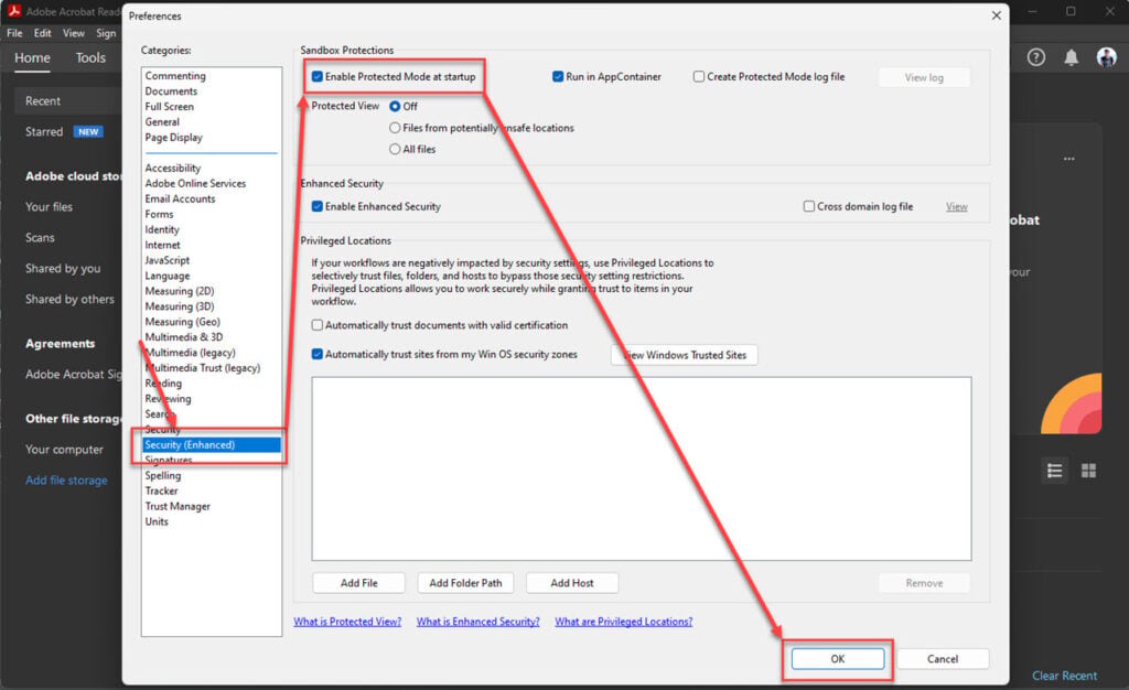 Настройка Enable Protected Mode at startup в Security Enhanced Adobe Acrobat Reader
