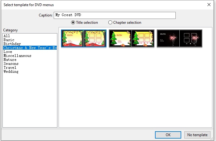Выбор шаблона меню нового проекта DVDStyler