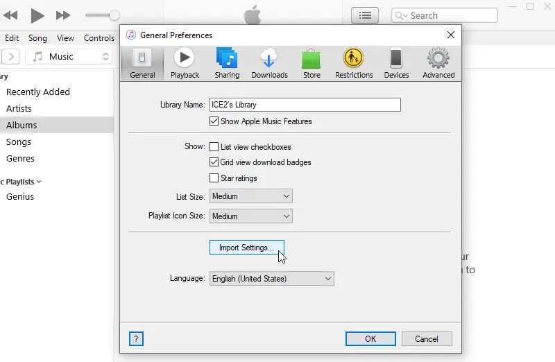 Кнопка Import Settings в iTunes