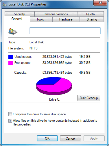 Свойства системного диска C в Windows 7 и кнопка Disk Cleanup