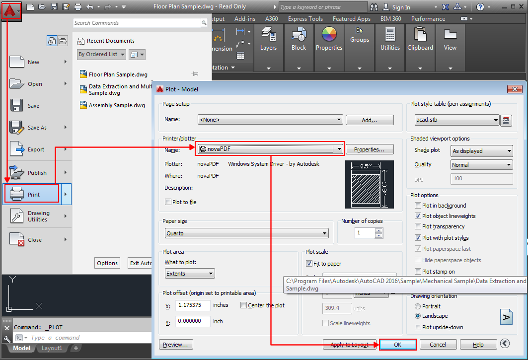 AutoCAD с выбранным виртуальным PDF-принтером novaPDF