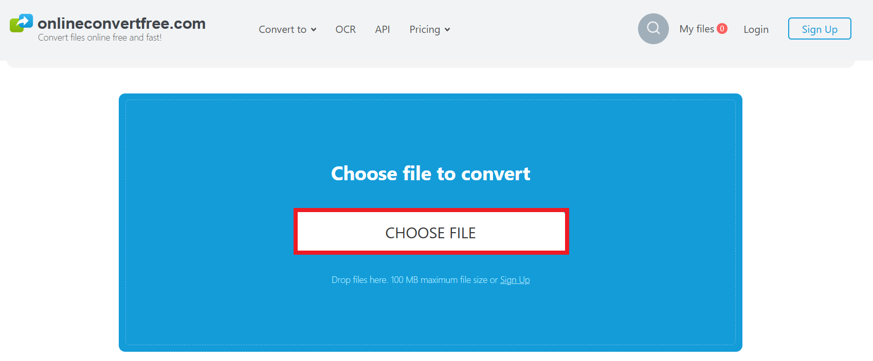 Интерфейс OnlineConvertFree с областью выбора файла для конвертации