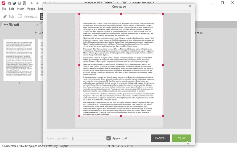 Настройка области и применения кадрирования в Icecream PDF Editor