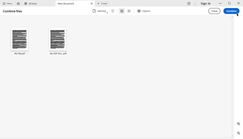 Интерфейс Adobe Acrobat для объединения PDF