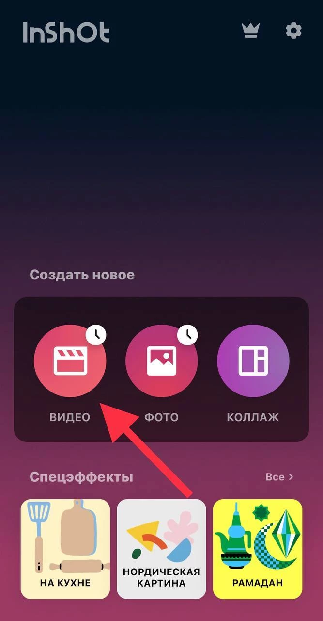 Выбор вертикального ролика в InShot