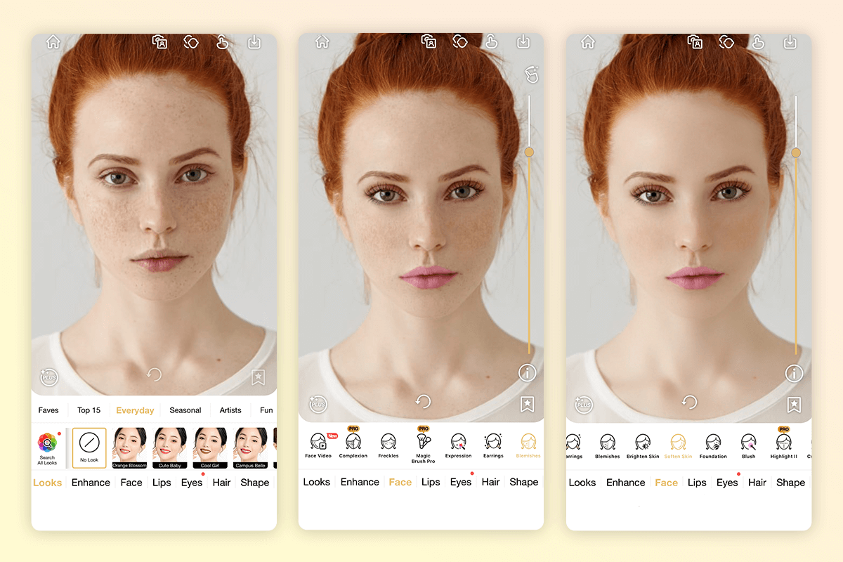 Perfect365: интерфейс Blemishes и коррекции кожи