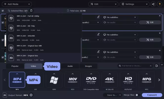 Выбор формата MP4 во вкладке Video в Movavi Video Converter