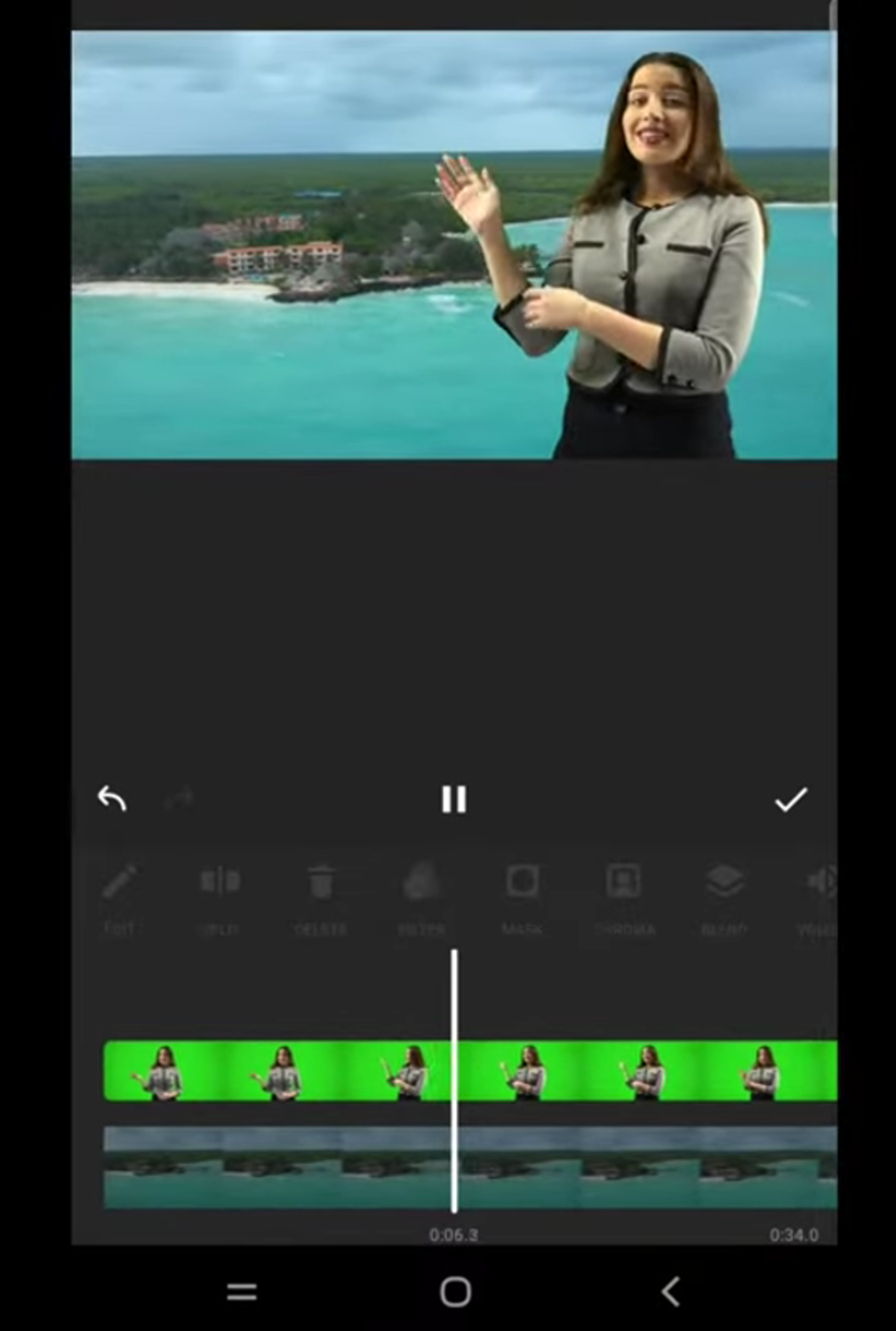 InShot: PIP-слой после удаления зелёного фона инструментом Chroma key