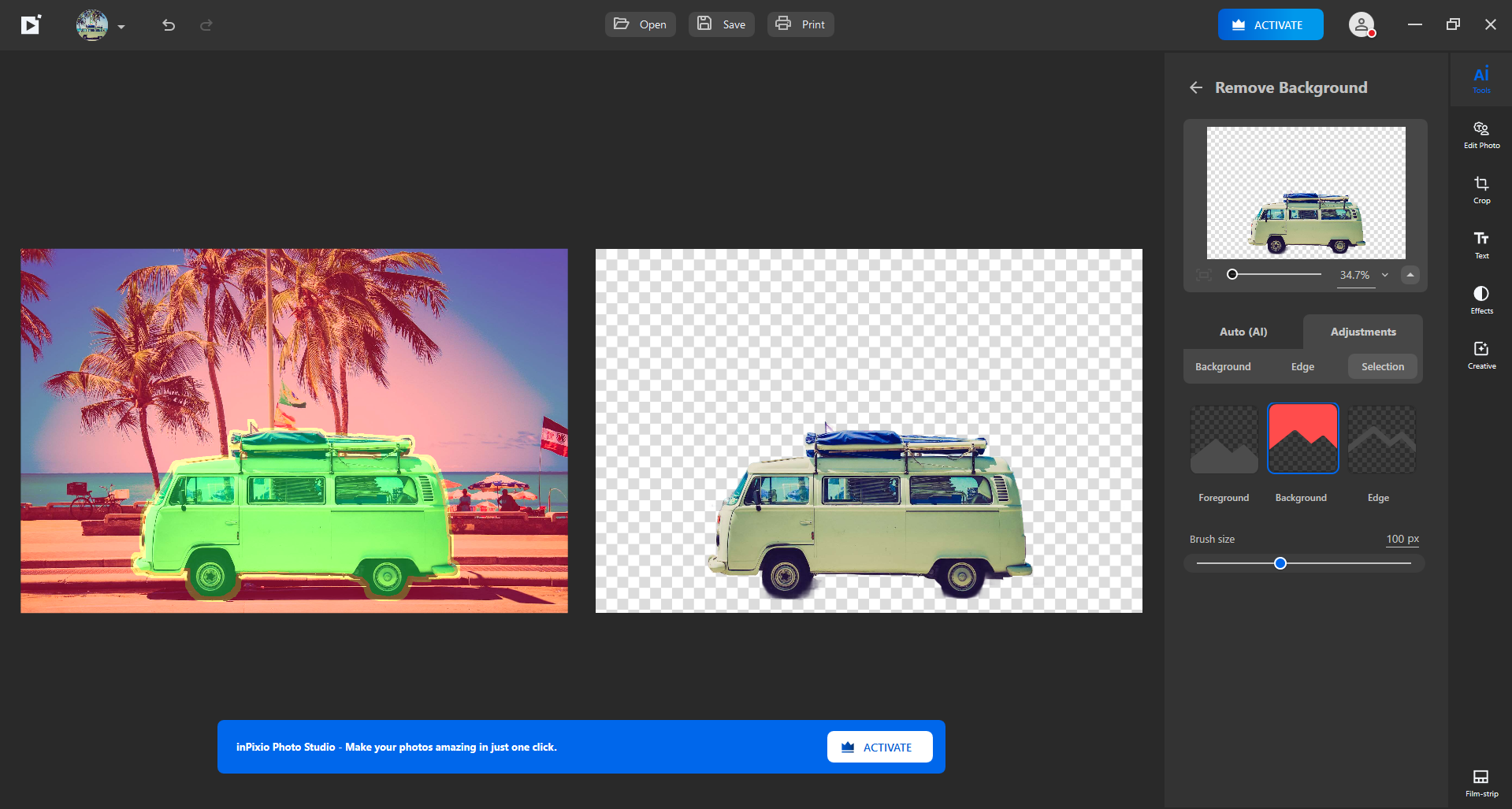 Рабочее окно inPixio Remove Background с панелью Auto (AI), Adjustments и Selection