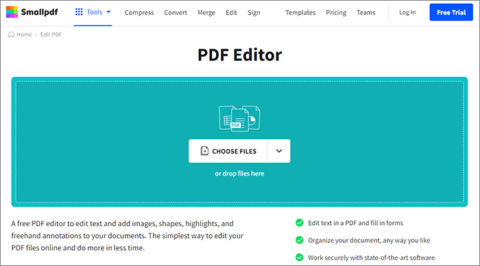 Загрузка документа в редактор Smallpdf