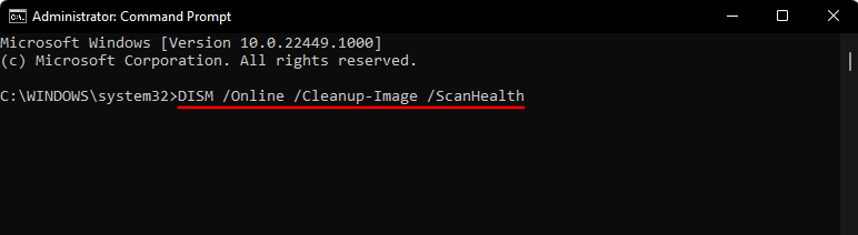 Команда DISM ScanHealth в терминале Windows