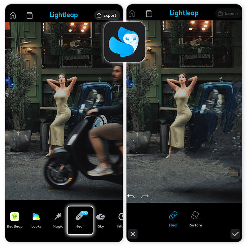 Интерфейс Lightleap с инструментами ретуши