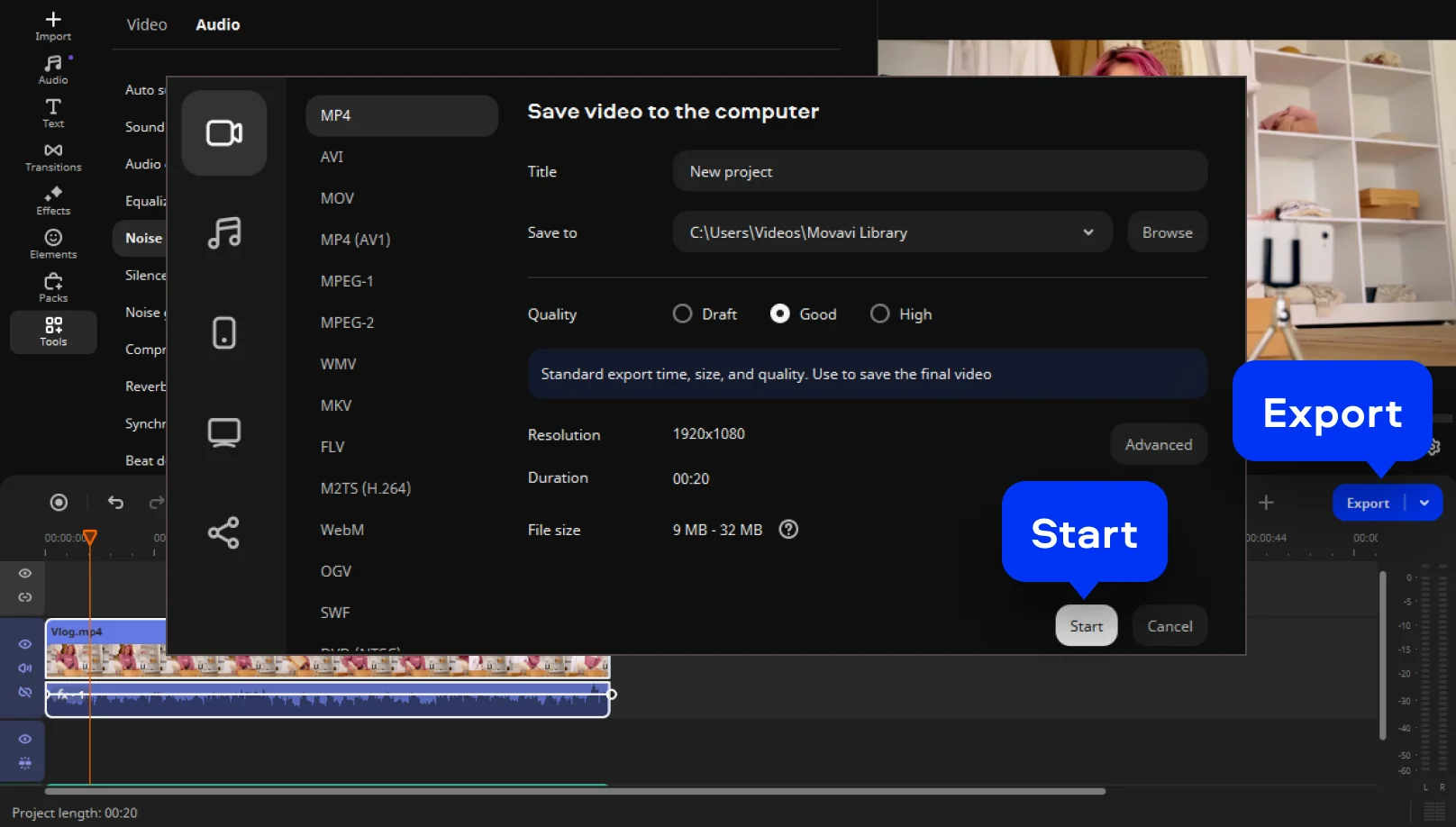 Окно экспорта после шумоподавления в Movavi Video Editor